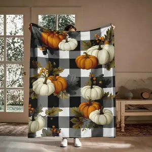 Fall Pumpkin Buffalo Plaid Flannel Throw Blanket, Soft Warm Autumn Harvest Print Blanket, Cozy Blanket for Sofa Bed, Perfect Gift for Fall Lovers