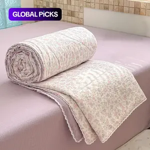 lightweight summer quilt featuring pink-and-purple floral print with lace trim, ultra-soft, skin-friendly quilt, perfect for summer use in bedrooms, offices, home, Multipurpose Comfy Bedding, Soft Quilts Bedspreads #GLOBAL PICKS