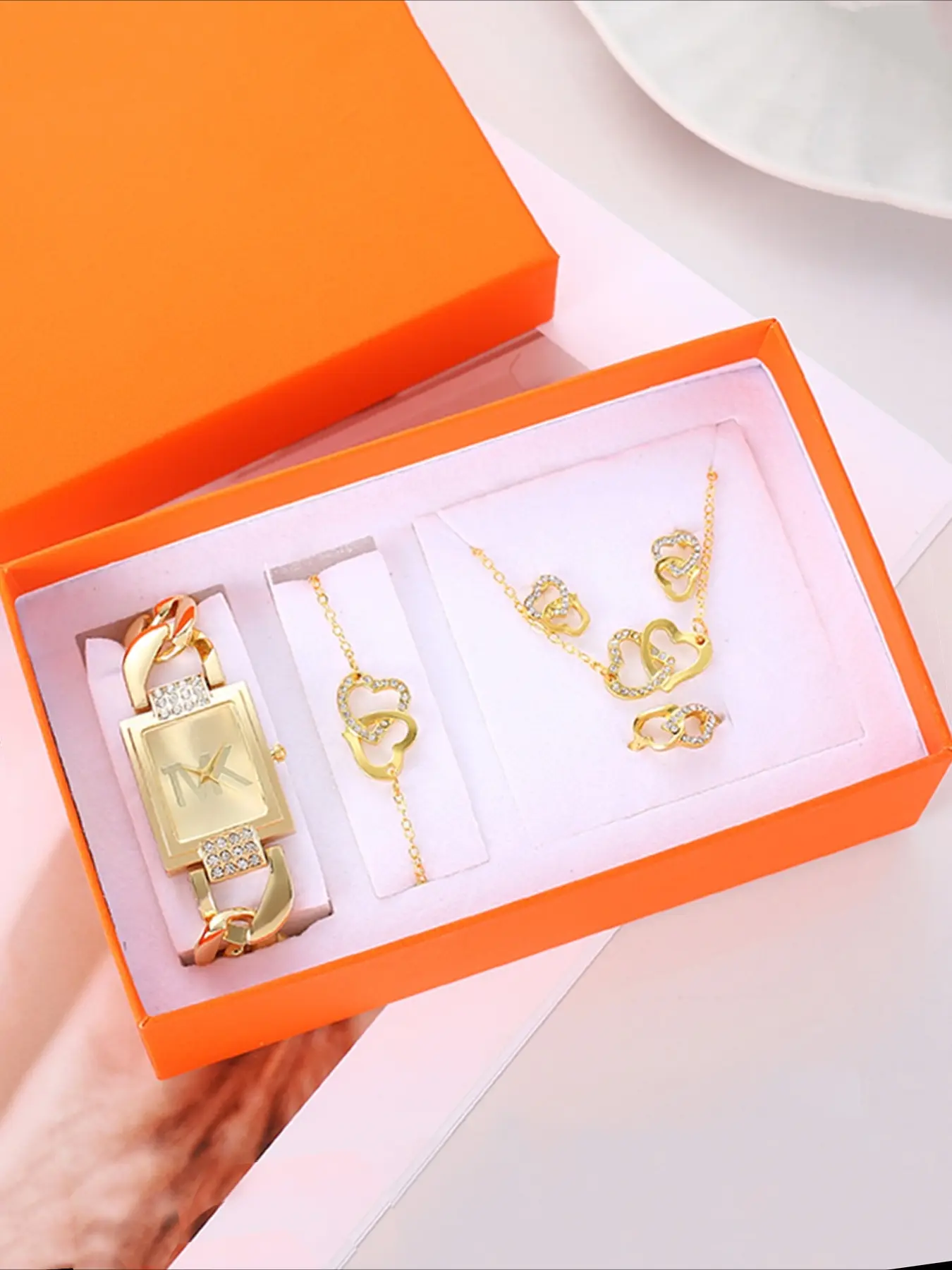 Stylish Square Rhinestone Dial Hollow Stainless Steel Strap Women's Quartz Watch Set Includes Box and Jewelry Fashionable Jewelry Set Trendy Watch Set