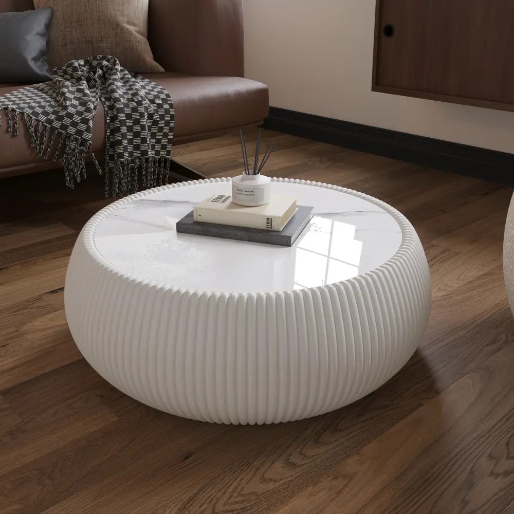 summerwins Modern Light Sintered Stone Top Drum-Disc-Shaped Leather Marble Coffee Table, Ready-to-Use Living Room Furniture with Unique Grey Texture for Decor, Furniture Living Room