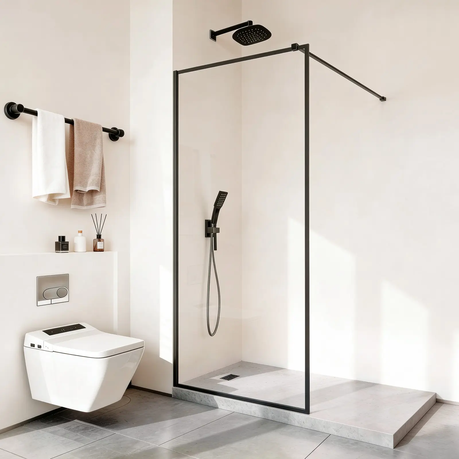 【Summerfinds】VEVOR Full-Framed Fixed Glass Shower Panel, 34x73.6 in 5/16 in Thick Tempered Glass, Matte Black Sleek Aluminum Alloy Hardware, Watertight Bottom Seal Strip, Nano Easy-Clean Modern Dry Bathroom Fixture with Long-Term Stability, Narrow Frame,,