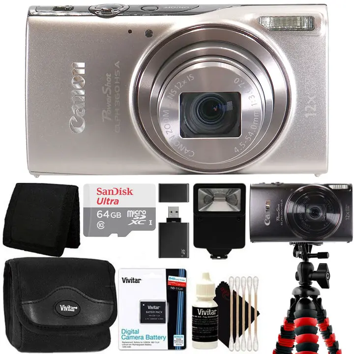 Canon PowerShot ELPH 360 HS A Digital Camera (Silver) + SanDisk Ultra 64GB microSDXC Card + Protective Carrying Case + Vivitar Large Rubberized Spider Tripod + Slave flash + Card Reader + Card Wallet + LI-ON BATTERY FOR CANON NB-11LH + Three Piece Cleanin