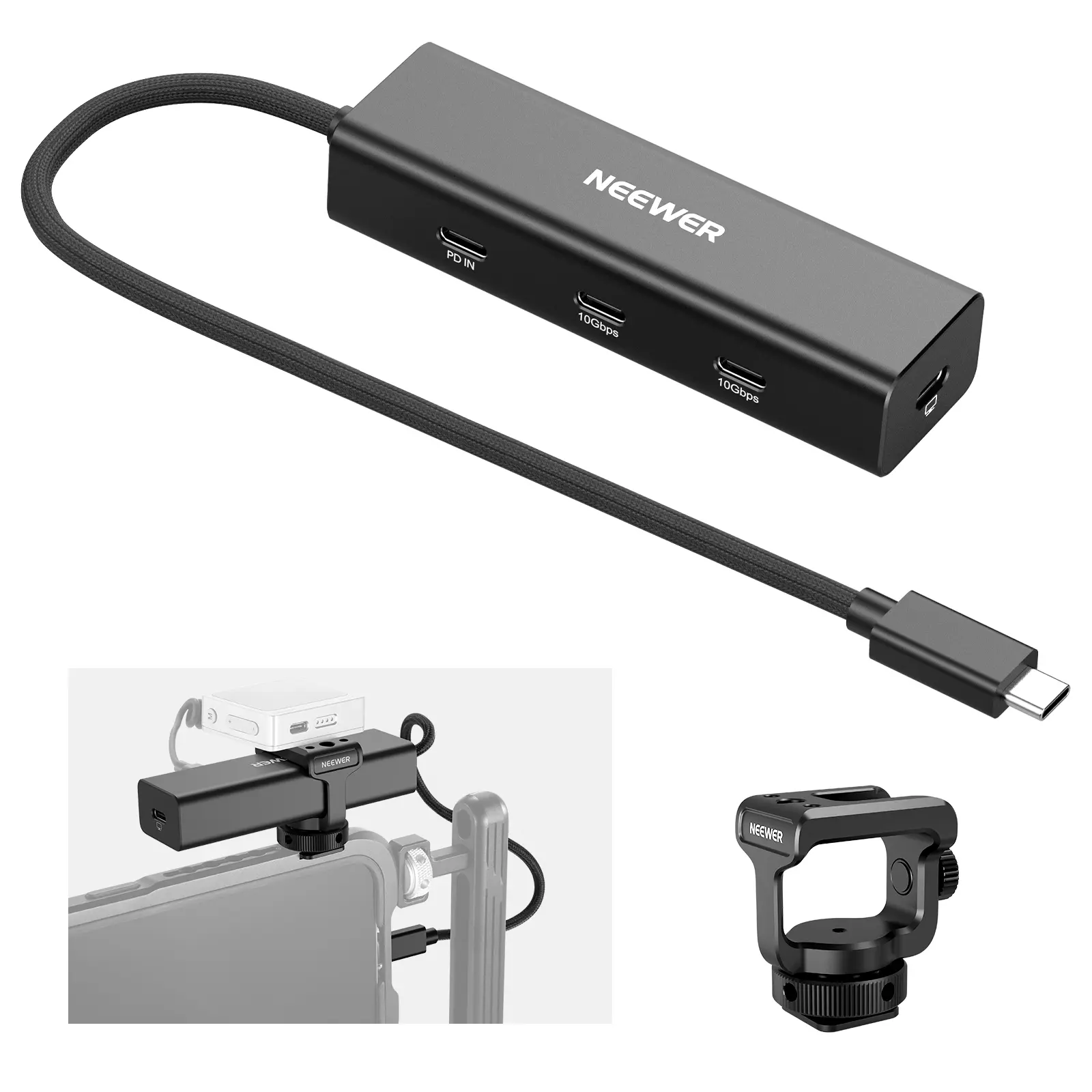 NEEWER PS030E USB-C Multi-Port Hub Dock with Cold Shoe Mount, 4-in-1 USB 3.1 Gen2 Extender Adapter, 100W PD Charging, 10Gbps 4K 60Hz, Compatible with Laptops, Field Monitors