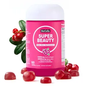 HerColla SUPER BEAUTY Gummies - 1000mg Multi-Collagen Complex with Cranberry & Folate, Biotin & Zinc, Vitamins A B6 B12 C E for Thicker Hair Nails Radiant Skin Renewal