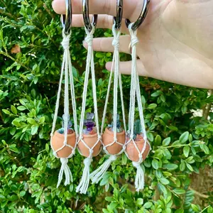 Mini Fluorite Cactus Macrame Rear View Mirror Plant Hanger | Rainbow Fluorite Cactus