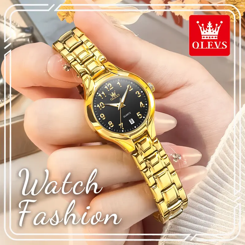 OLEVS 3650 Women's Fashion Analog Quartz Watch - Gold Watch Option, 26.5x26mm Classic Large-Number Black Dial, Single Date Window, Luminous, 30M-50M Waterproof, Polished Alloy Steel Strap with Clasp, Minimal Luxury Daily Dress/Birthday Gift, Quartz Dial