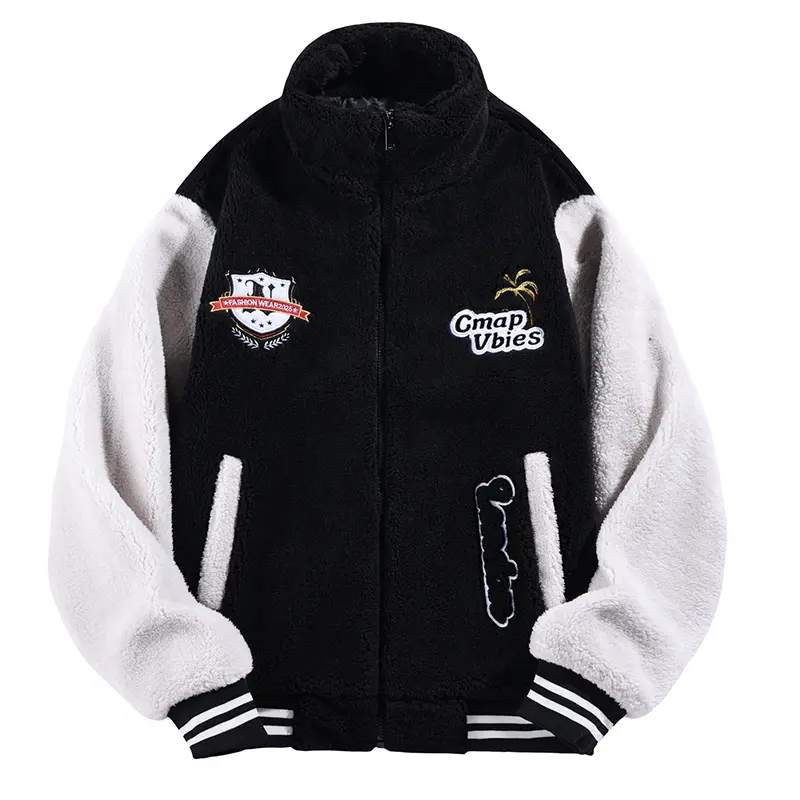 Multi Color Mens Two Tone Sherpa Fleece ZipUp Varsity Coat, Chest Shield & Letter PatchBadge Soft Warm Fabric Jacket for Teen &Adult Daily Outdoor Activities