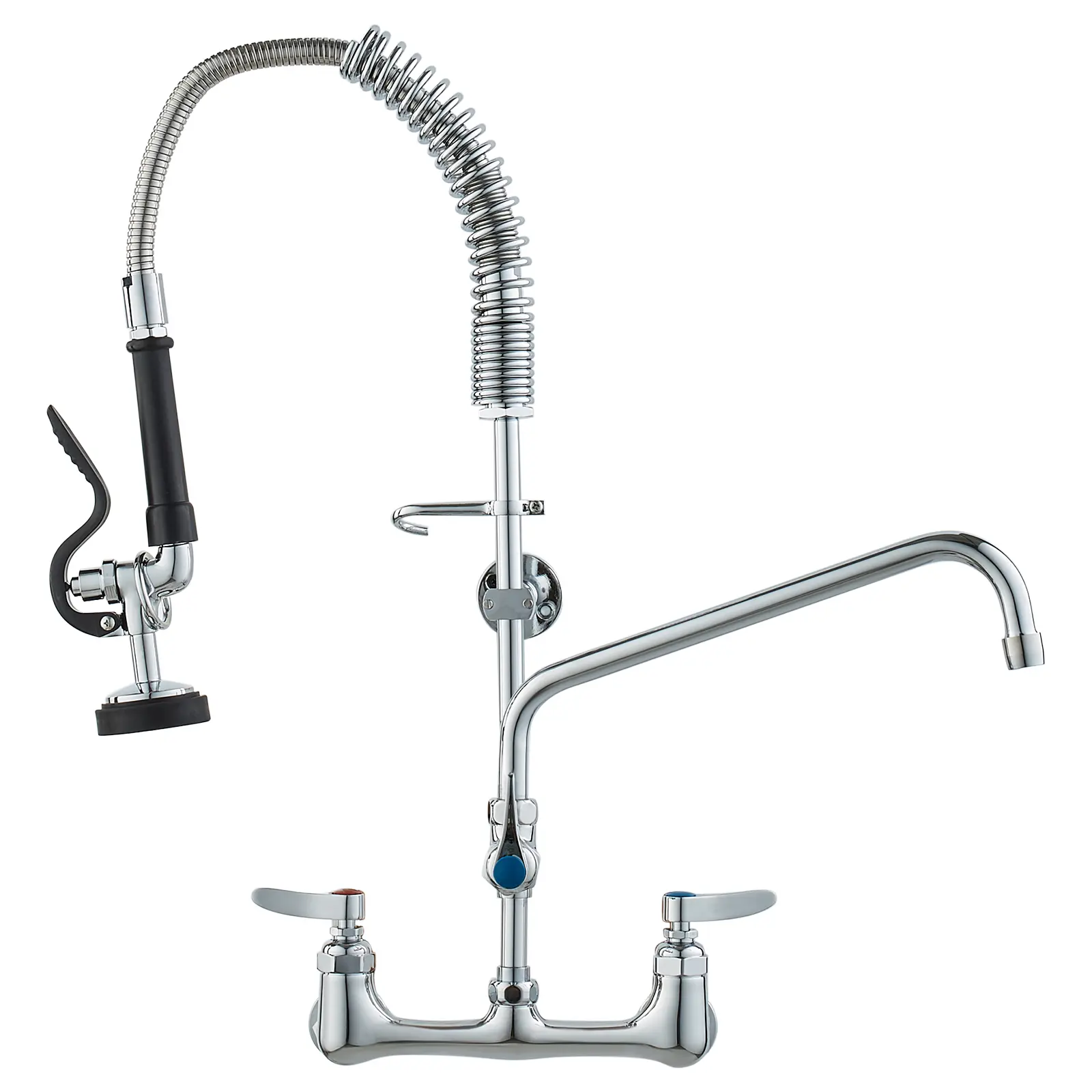 VEVOR Wall-Mounted Commercial Kitchen Faucet with Sprayer, Double-Handle Brass Build, 25" Tall, 8" Adjustable Center Distance, 12" Rotatable Spout, Pull-Down Pre-Rinse Function, Ideal for Multi-Compartment Sinks