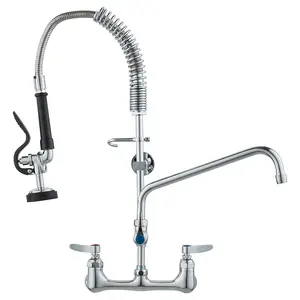 VEVOR Wall-Mounted Kitchen Faucet, TikTokShopBlackFriday, 25" Tall, 8" Center Distance, 12" Rotatable Spout, Includes Pre-Rinse Spray, Brass Build, Pull-Down Feature, Suitable for Multi-Compartment Sinks