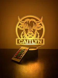 Highland Cow Cattle Monogram LED Night Light Birthday Gifts For Toddlers, kids, Baby, Adult Teen Girls Christmas Present, Bedroom Decor, FREE Personalization, 16 Color Options light with remote included, Laser Engraved in USA