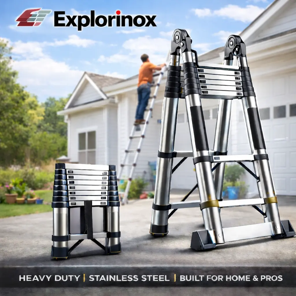 Explorinox Telescoping Extension Ladder, Folding Collapsible Ladder with Locking System, Multi-Use Ladder for Home and RV Use, 330lbs Capacity