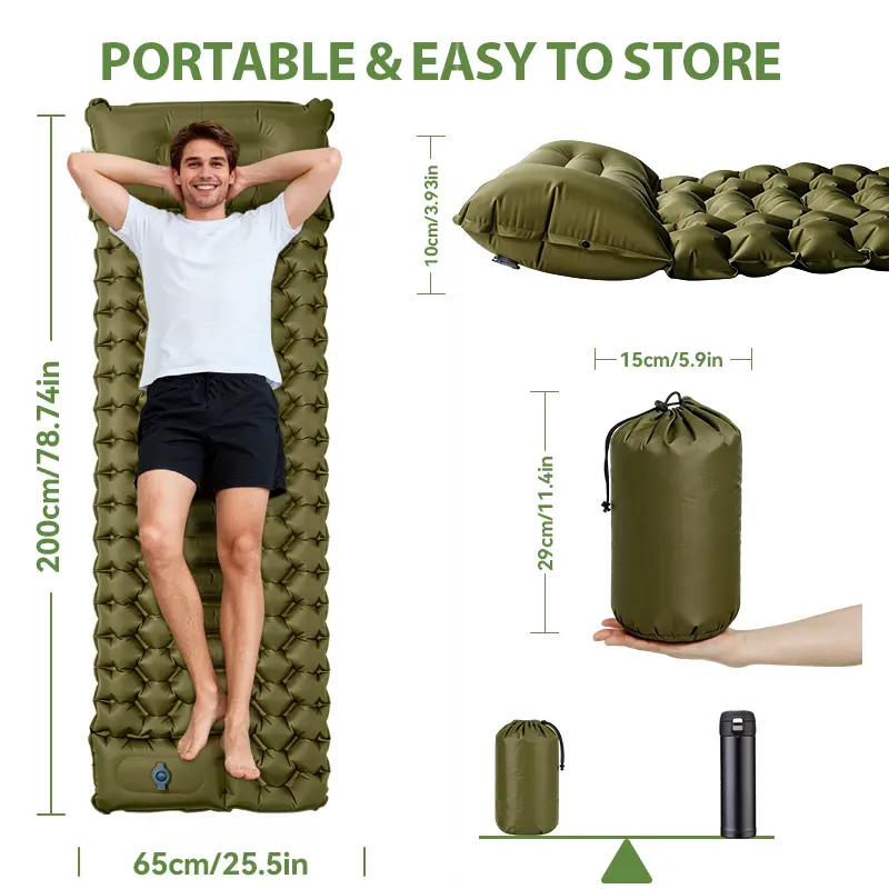 WKEFF Camping Sleeping Pad, Ultralight Camping Mat with Pillow, Built-in Foot Pump Inflatable Sleeping Pads Compact for Camping Backpacking Hiking Traveling Tent, Single, Green
