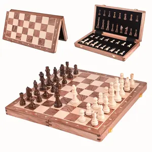 15 inch Wooden Chess Set with 2 Extra Queens – Foldable Travel Tabletop Chess Board with Interior Storage – Premium Strategy Game for Kids & Adults 8+ Family Fun Game – Portable Travel Chess Set – Perfect Gift Family Board Game