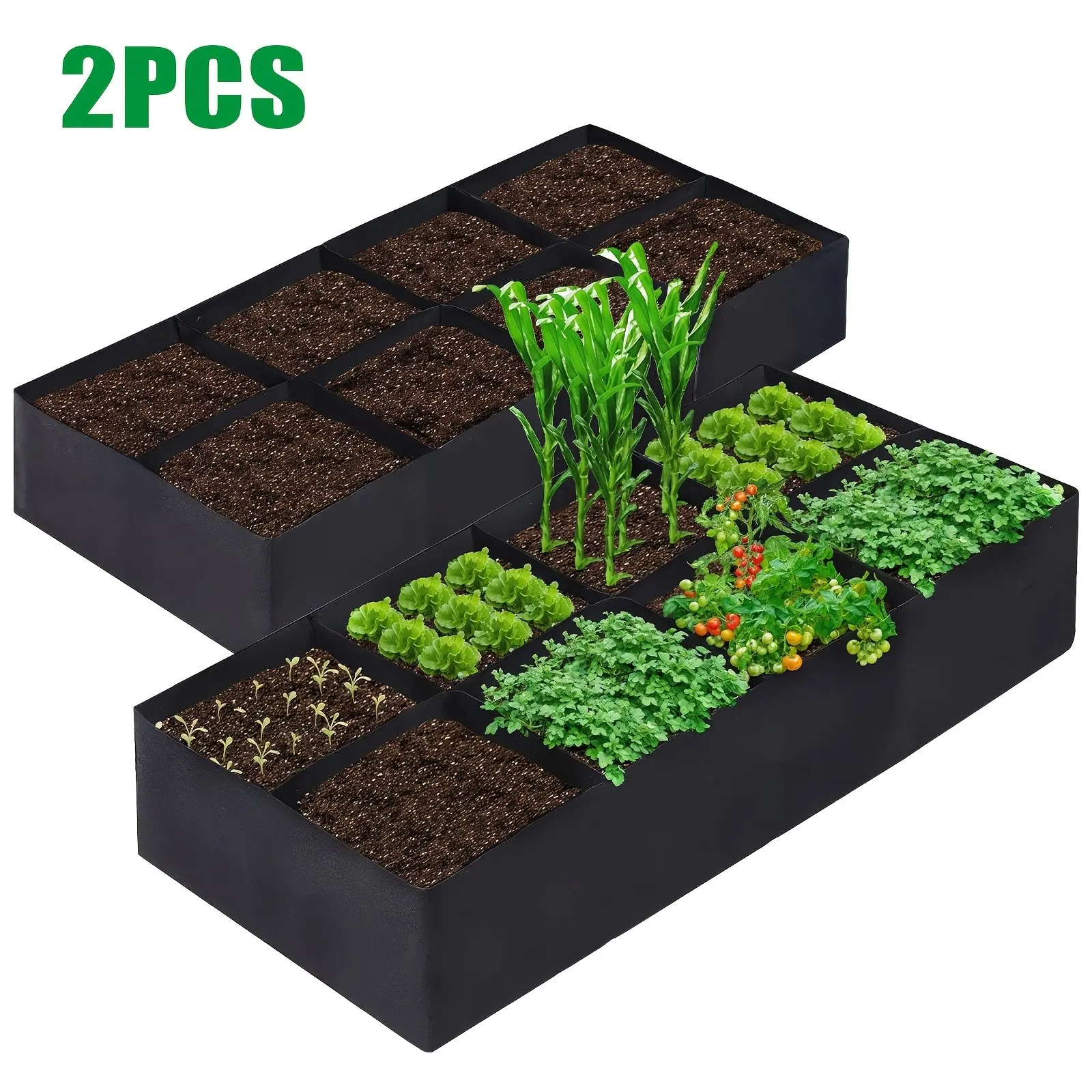 Large Capacity Garden Bed Set (2 Pack), 8 Compartment Planting Bags, Aeration Fabric Pots, Breathable Felt Rectangular Growth Containers, Durable for Potatoes & Herbs, Rectangular Planters for Outdoor Plants, Patio Planters, Rectangle Planter