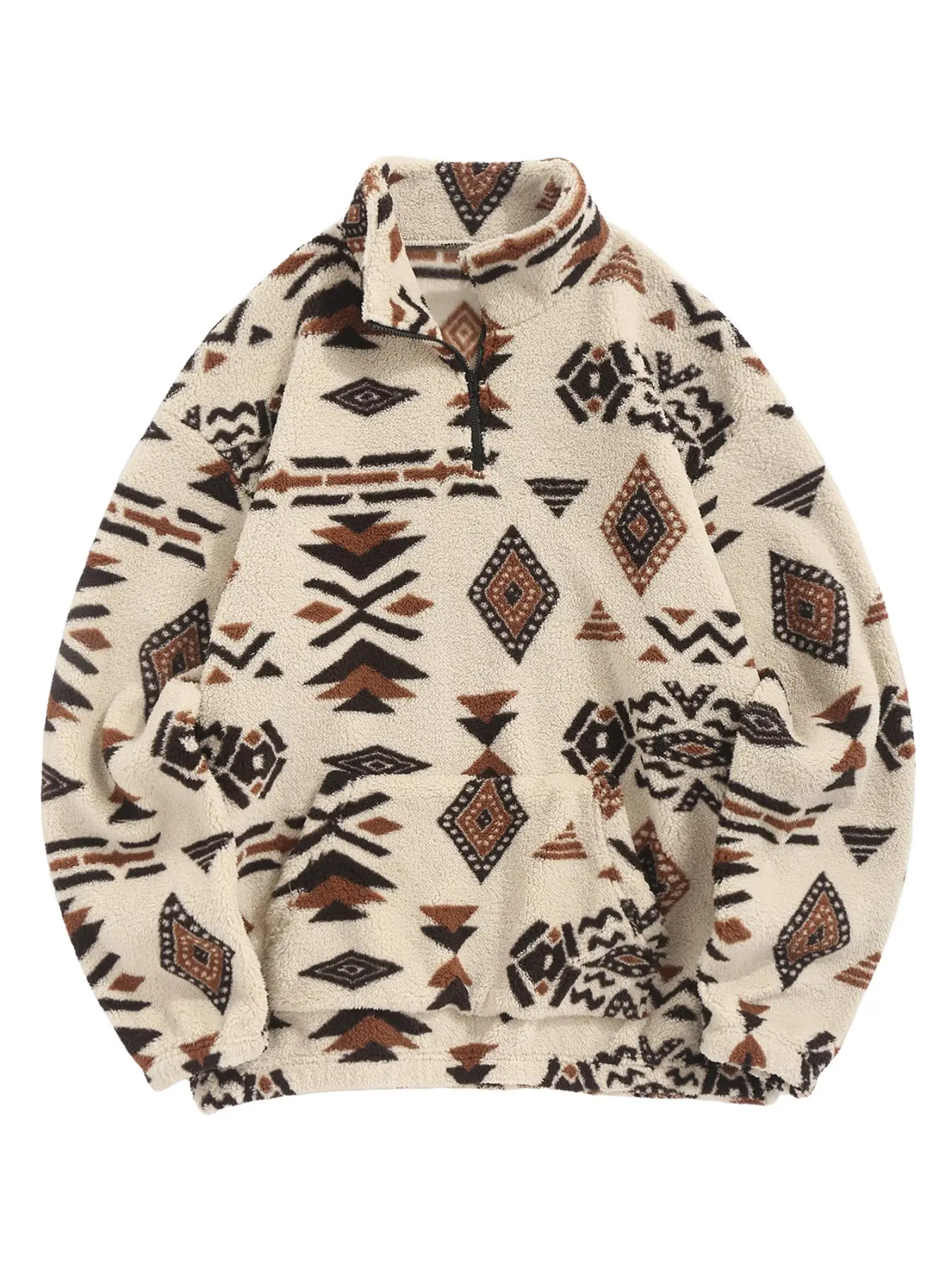 Men's Ethnic Pattern Drop Shoulder Zipper Sweatshirt, Regular Fit Casual Comfy Long Sleeve Stand Collar Pullover for Fall & Winter, Men's Clothes