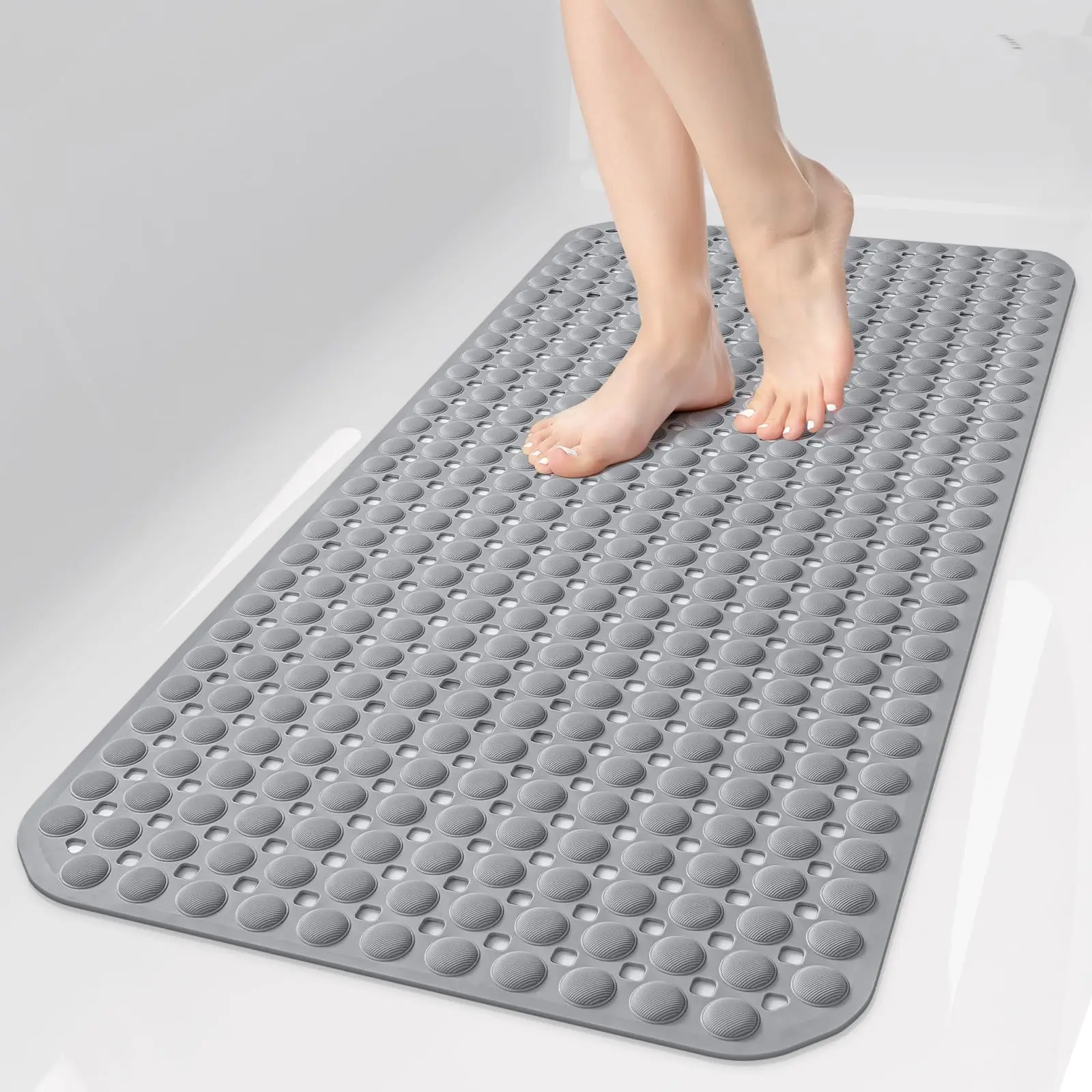 Non Slip Bathtub Mat - Soft Rubber (No Hard PVC!) Large 35x16 Inch Shower Mat with Strong Suction Cups, Drain Holes & Foot Massage Nubs, Washable Bathroom Tub Floor Liner