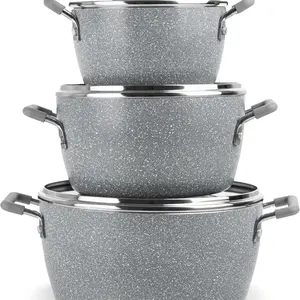 Nonstick Stackable Cooking Pots Set, 6-Piece Gray Granite Coating, Space-Saving Kitchen Cookware with Lids for Home Chefs