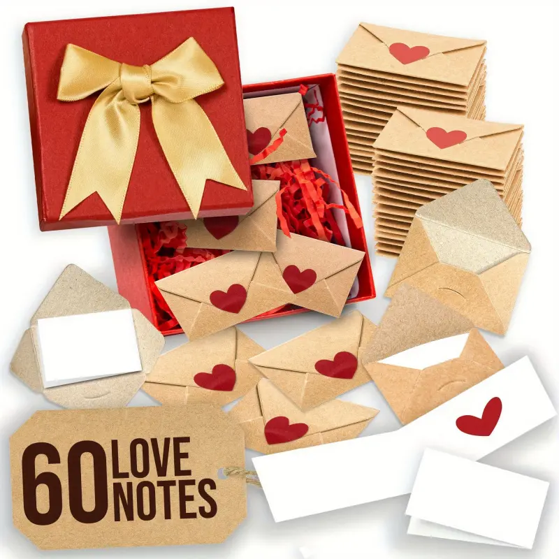 30/60pcs Envelopes - Mini Envelopes, Heart Stickers, Small Valentine's Day Cards, Little Love Notes for Him or Her, Cute Romantic Gifts for Boyfriend or Girlfriend