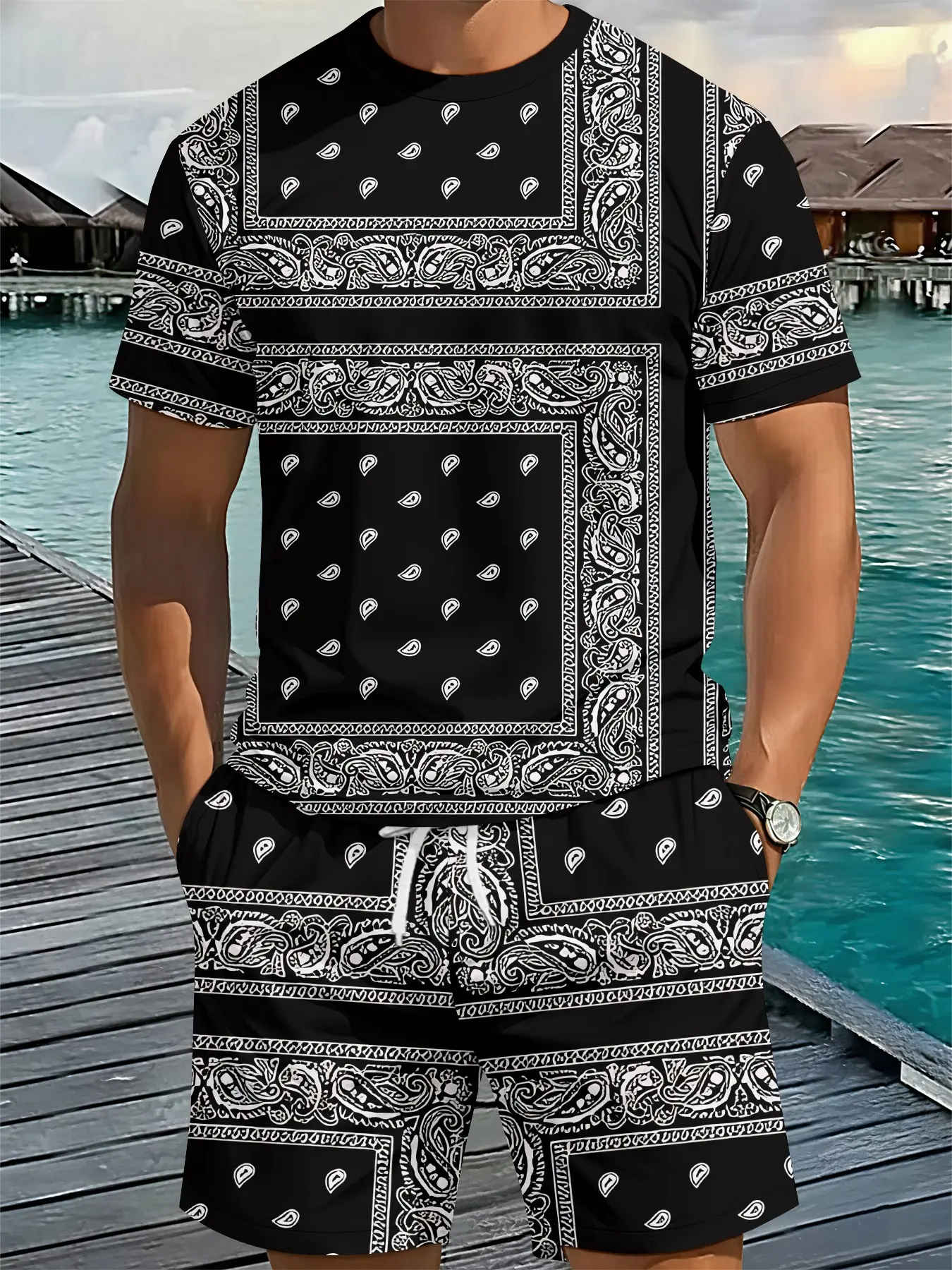 3D Digital Printed Two-Piece Set with All-Over Paisley Bandana Print, Matching sets, Trendy Fashion Outfit Set, Going out sets, Retro Casual Two-Piece Suit, Resort-Style Trendy Wear, Tropical, Breathable Sports Style, Festival Gift for Men, Menswear