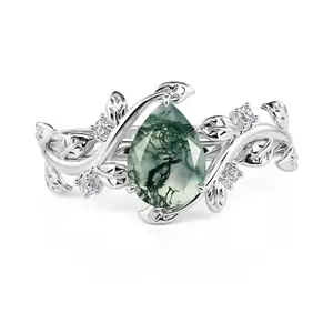 Jeulia Bypass Pear Cut Moss Agate Engagement Ring with Vine Leaf