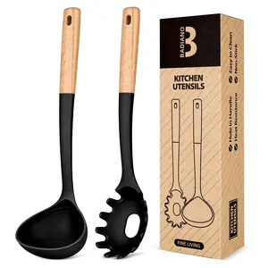 Pasta Fork and Ladle Set, Perfect for Serving Hot Soup, Stirring, and Sauce Pasta, BPA-Free Matte Silicone, Wood Handle Spaghetti Spoon for Nonstick Cooking Surfaces