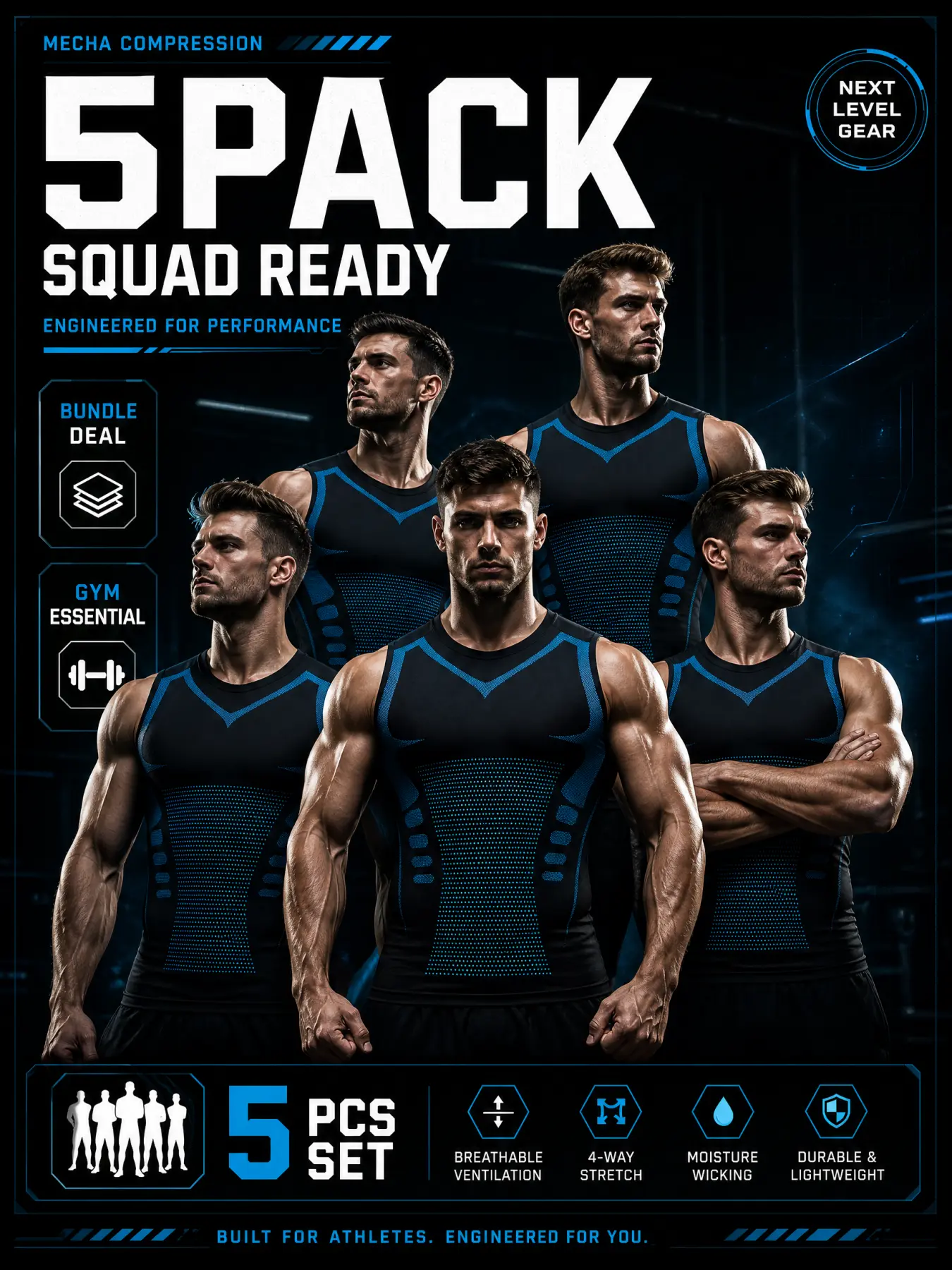 Men's 5-Pack Ice Cool Compression Tank Tops - 3D Stretch, Moisture-Wicking Sleeveless Undershirts, Machine-Washable Athletic Vests for Gym, Weightlifting, Running