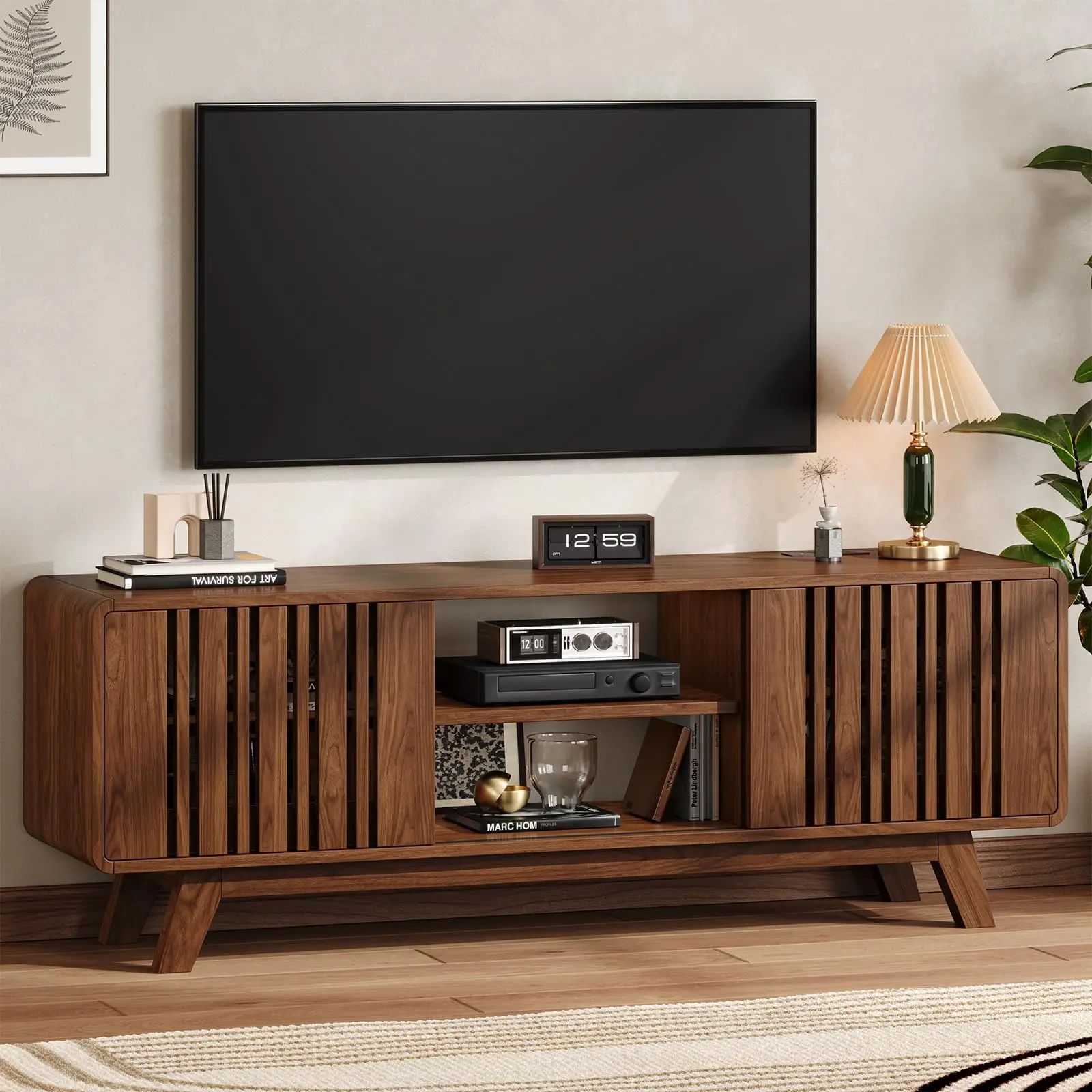 【SummerFinds】ONBRILL 63-70 Inch TV Stand, Mid-Century Modern Indoor Furniture Entertainment Center with Power Outlet, Sliding Grille Door Cabinets & Open Shelves for 80 Inch Max TVs, Living Room Apartment Use, Entertainment Tv Stand