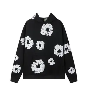 Denim Tears Hoodie & Jogger 2 Piece Tracksuit | 3D PuffFloral Print Oversized Loose Fit Black Cotton | Unisex MenTeen Street Daily Weekend Outfit I Trendy Must-Have UltraCozy Stylish Outfit