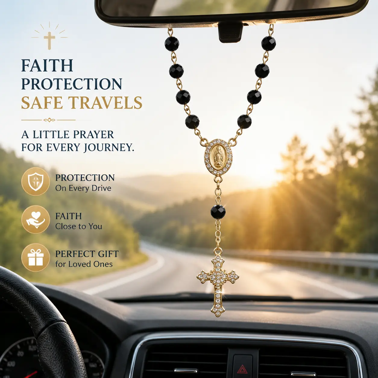 Catholic Rosary Car Charm, Black Bead Cross Rearview Mirror Hanging Ornament, Faith Car Accessories, Religious Gift for Women
