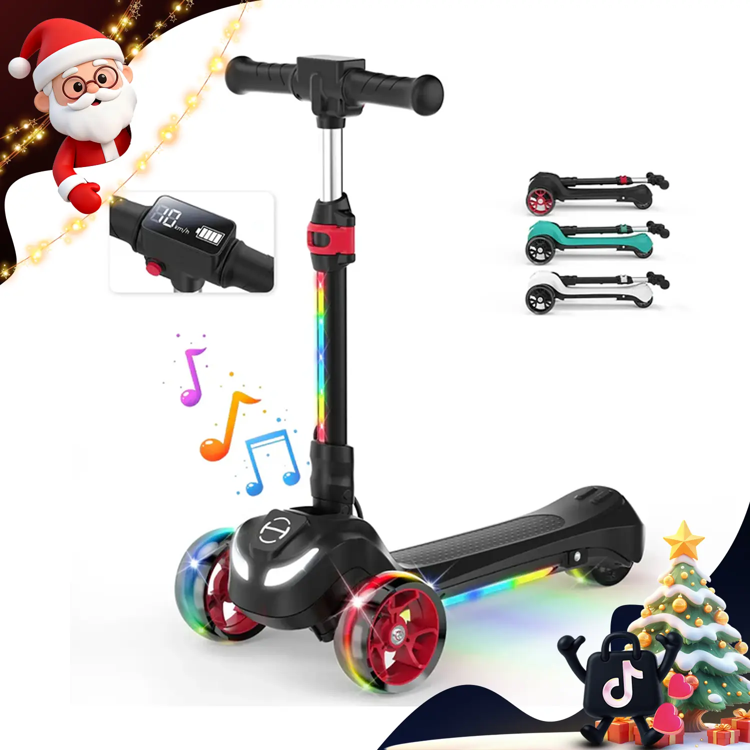 【Dealsforyou】Electric Scooter, Light Up 3-Wheels Electric Scooter for Kids Age 3-8, 3-Height Adjustable, 1 Hour Playtime, Bluetooth Control, 110LBS Max Load Foldable Electric Scooter with Foot Brake