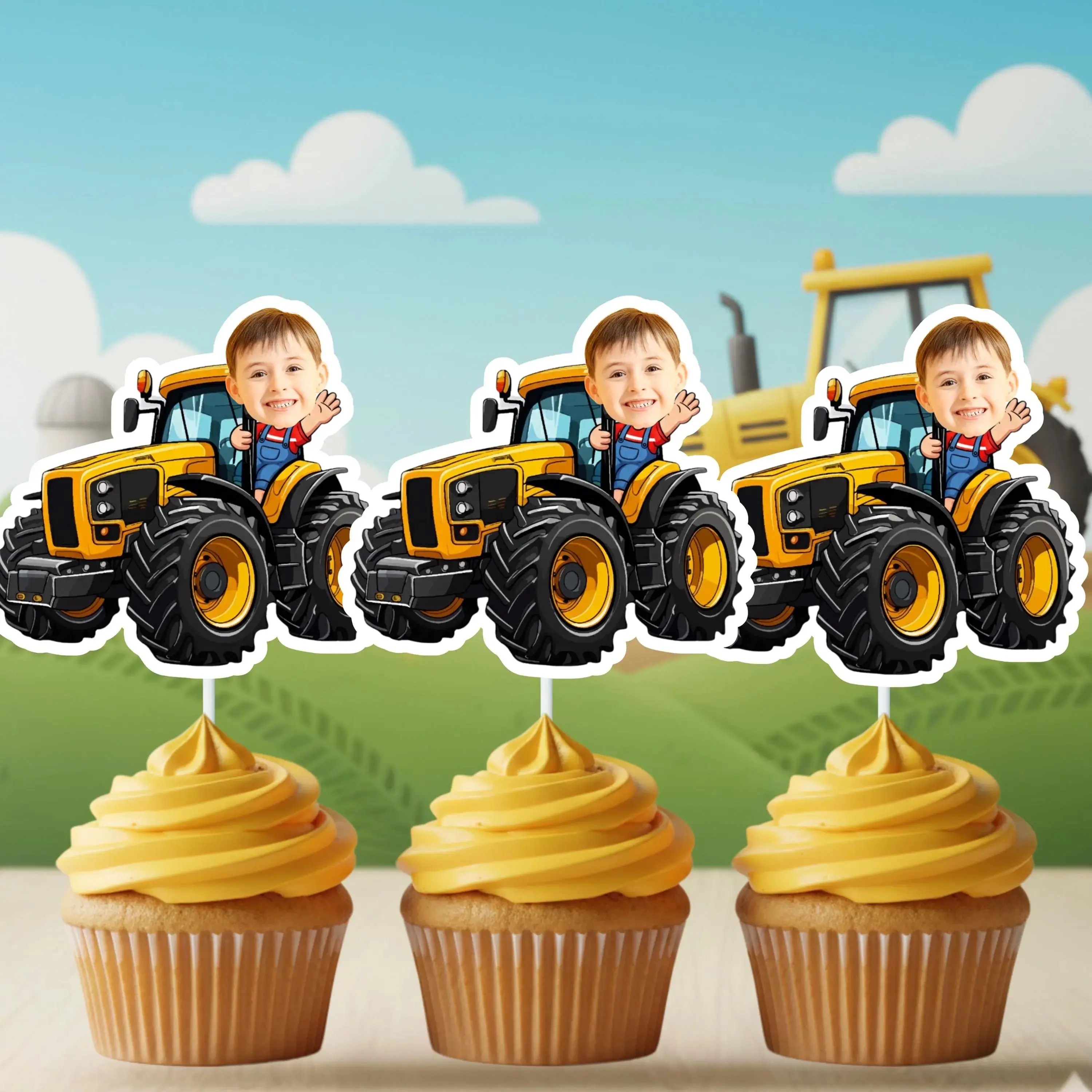 Tractor Rider Photo Cupcake Toppers – Farm Birthday Party Decor