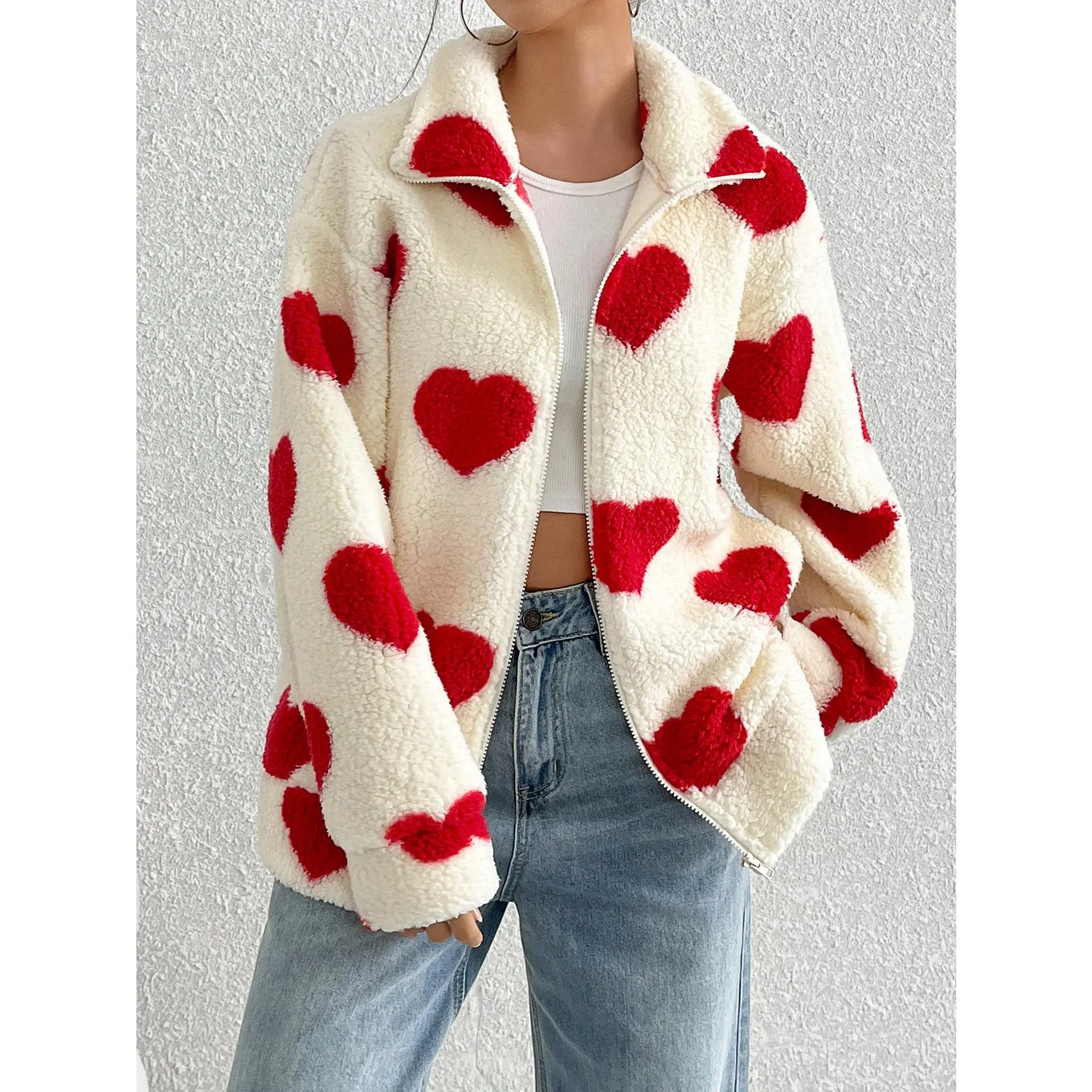Shiny Velvet Women's Clothing Autumn Winter New Plush Heart Print Loose Long Sleeve Zipper Cardigan Jacket