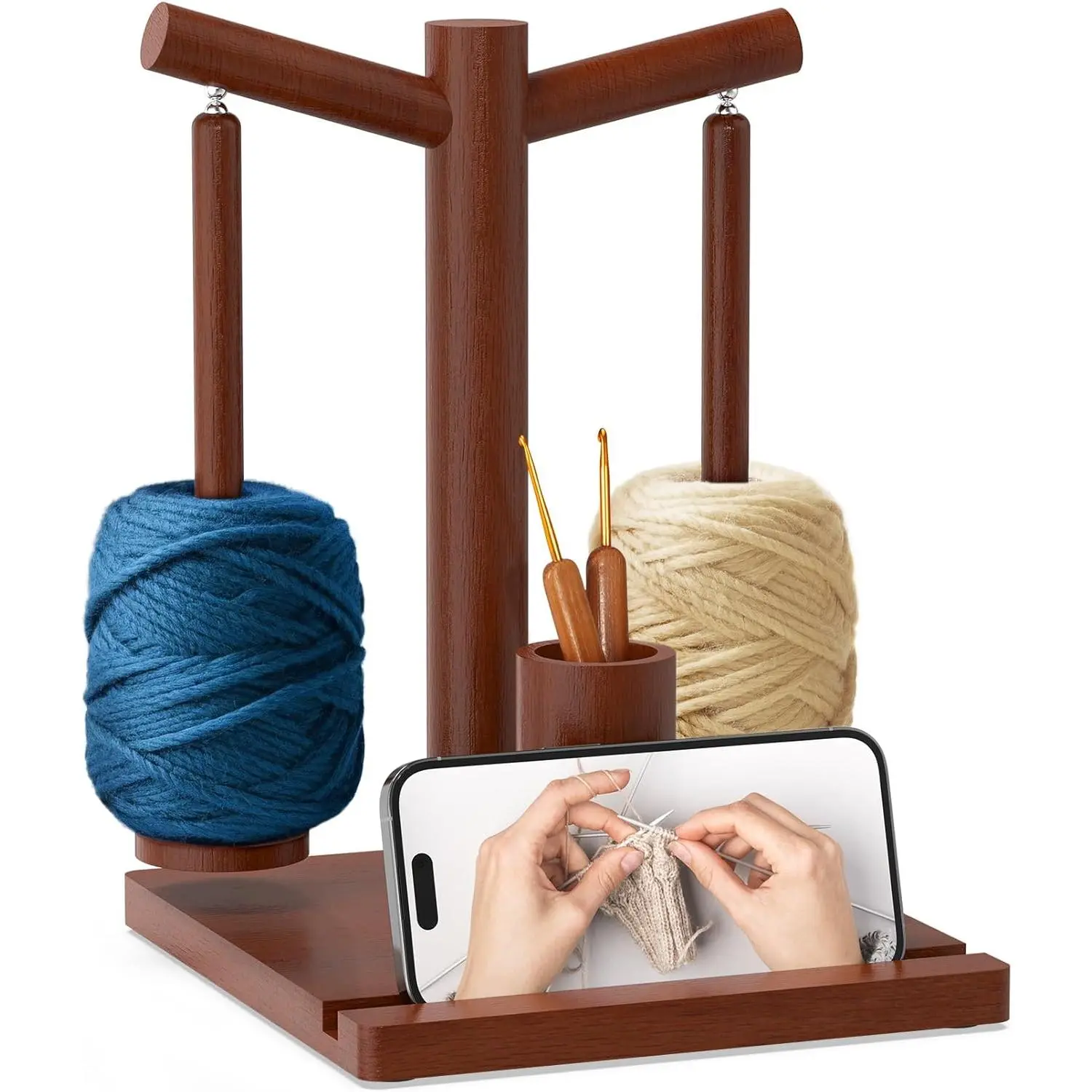 Wooden Yarn Holder with 2 Spindles - Upgraded Magnetic Rotating Spinner, Rotates Without Battery, 10.63 x 7.85 x 2.86 inches Yarn Storage Solution for Crochet Enthusiasts