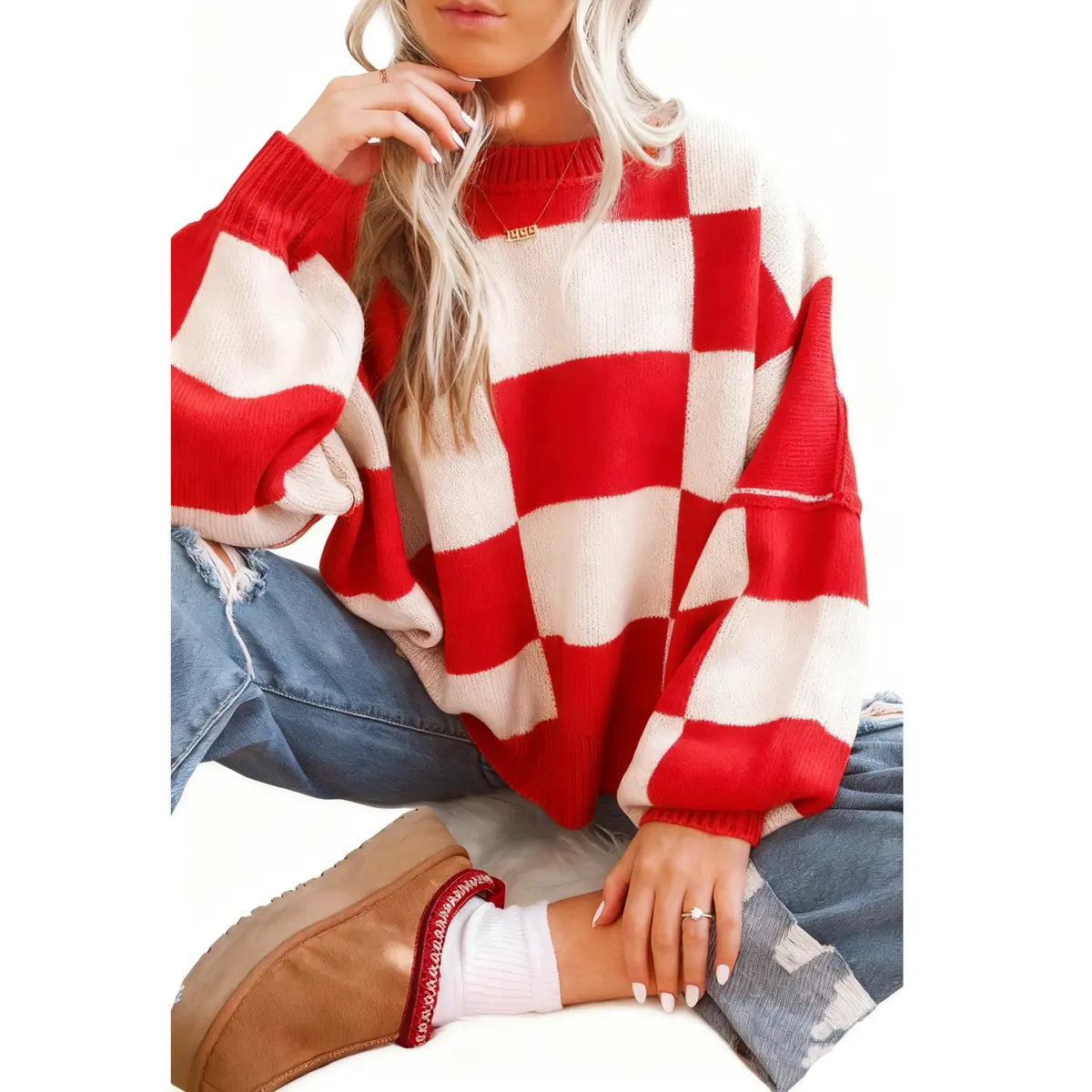 Women's Oversized Plaid Sweater, Baggy Style Chunky Knit Pullover with Long Bishop Sleeves, Cute Everyday Knitwear, Checkered, Fit, Long Sleeve, Casual, Piece, Fashion, Loose, Tops, Clothes, Longsleeves, Crew Neck