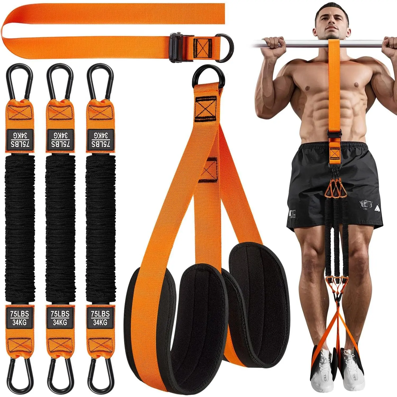 Adjustable Heavy Duty Pull Up Assistance Bands with Fabric Feet Rest and Knee Rest - Gym Accessories, Home Workout Gear for Strength Training Dips and Resistance Exercises