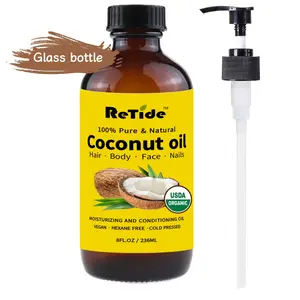 Organic Fractionated Coconut Oil Cold Pressed 100% Pure Liquid Hexane Free Glass Bottle with Pump 8 FL OZ for Hair body oil Face Nails