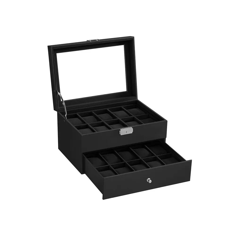SONGMICS Unisex Rectangular Watch Box, 20-Slot PU Leather Watch Case Organizer with Large Glass Lid, Removable Pillows, Metal Lock-Secure Closure, Anniversary Gift for Loved Ones, Black