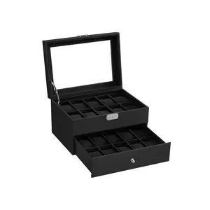 SONGMICS Watch Box, 20-Slot Watch Case Organizer with Large Glass Lid, Removable Pillows, Metal Lock, Gift for Loved Ones, Black Synthetic Leather