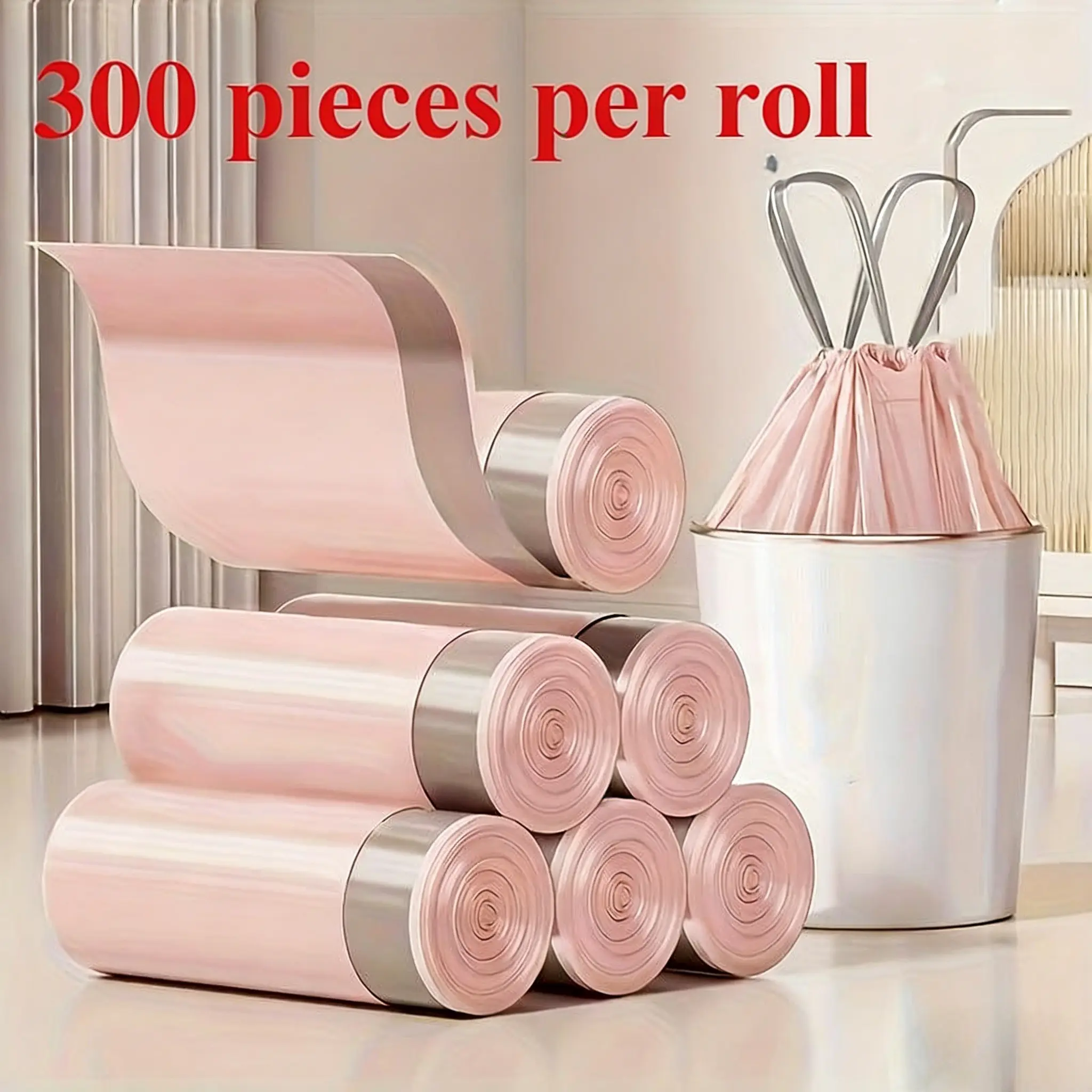 300 Counts Light Pink Drawstring Trash Bags, Easy Tear-Free Design, Heavy Duty Thickened Disposable Garbage Bags for Kitchen Home Office Daily Use, Home Supplies