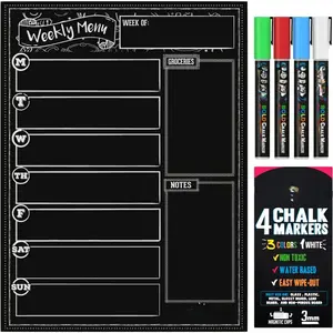 Magnetic Dry Erase Menu Board for Fridge Includes 4 Liquid Chalk Markers - Weekly Meal Planner Blackboard, Grocery List & Notepad for Kitchen Refrigerator - Chalkboard Magnet 15.6" x11.6