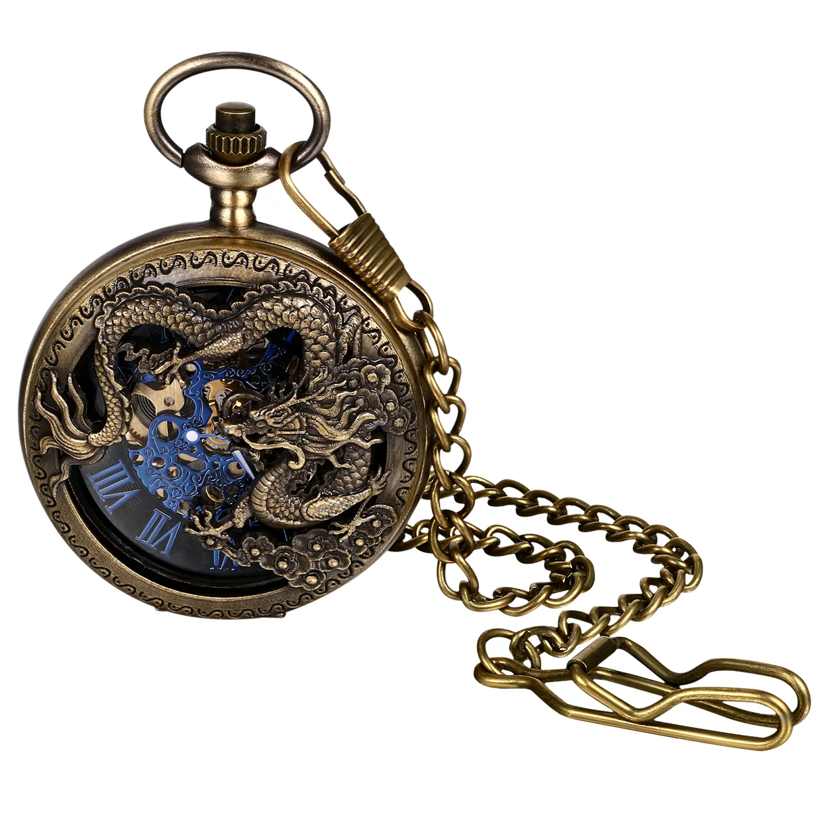 OIDEA Unisex Vintage Antique Bronze Hollow Dragon-Carve Mechanical Self-Wind Pocket Watch - Eco-Alloy Splash-Proof Fob Watch with Waist Chain, Substantial Size, Collectible Gift for Birthday, Father's Day, Anniversaries