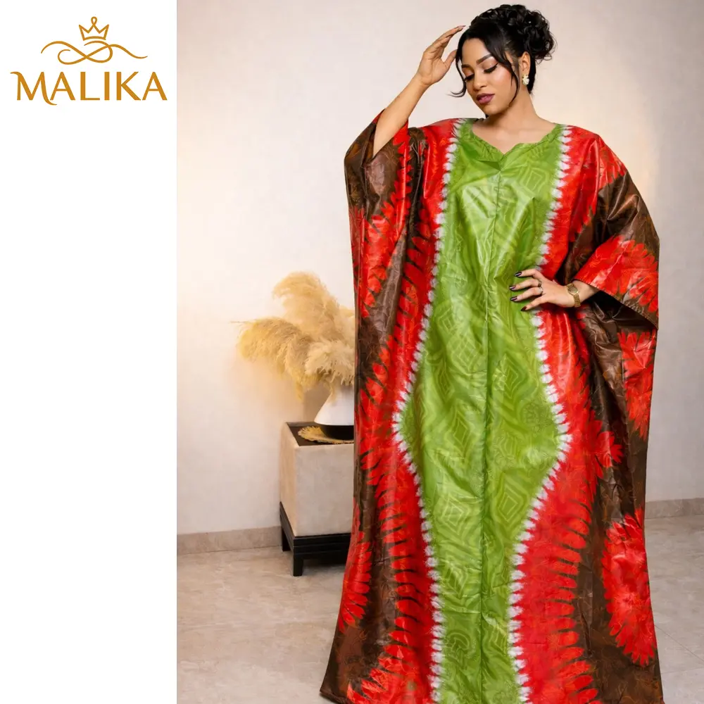 Women's African Traditional Jacquard Bazin Riche Print Wedding Boubou Gown - Cowl Neck, Batwing Sleeves, Included Scarf, Lady, Classic