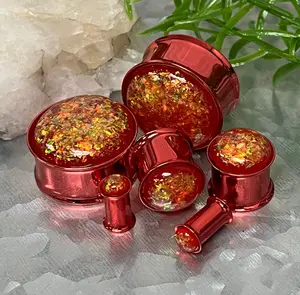 PAIR Red Synthetic Opal Titanium Tunnels Double Flare Plugs Earlets Gauges