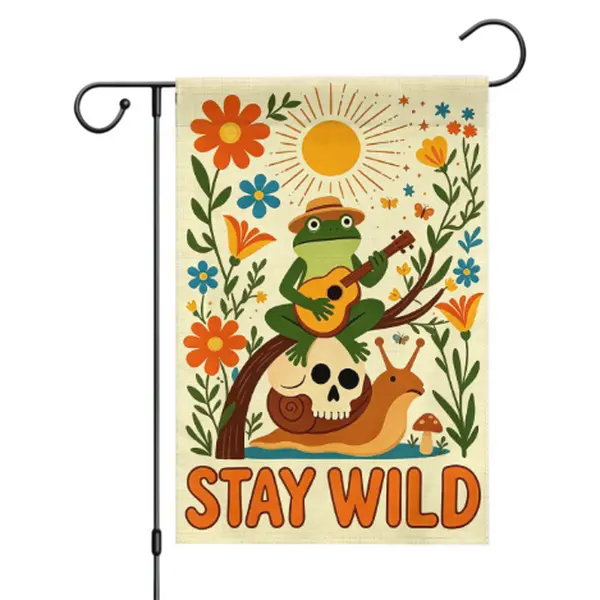 12x18 in Whimsical Retro Boho Double-Sided Garden Flag - Stay Weird Frog Guitar & Snail Skull Floral Decor, Outdoor Garden Accessories, Outside Home Backdrop Banner, Garden Flags For Outside
