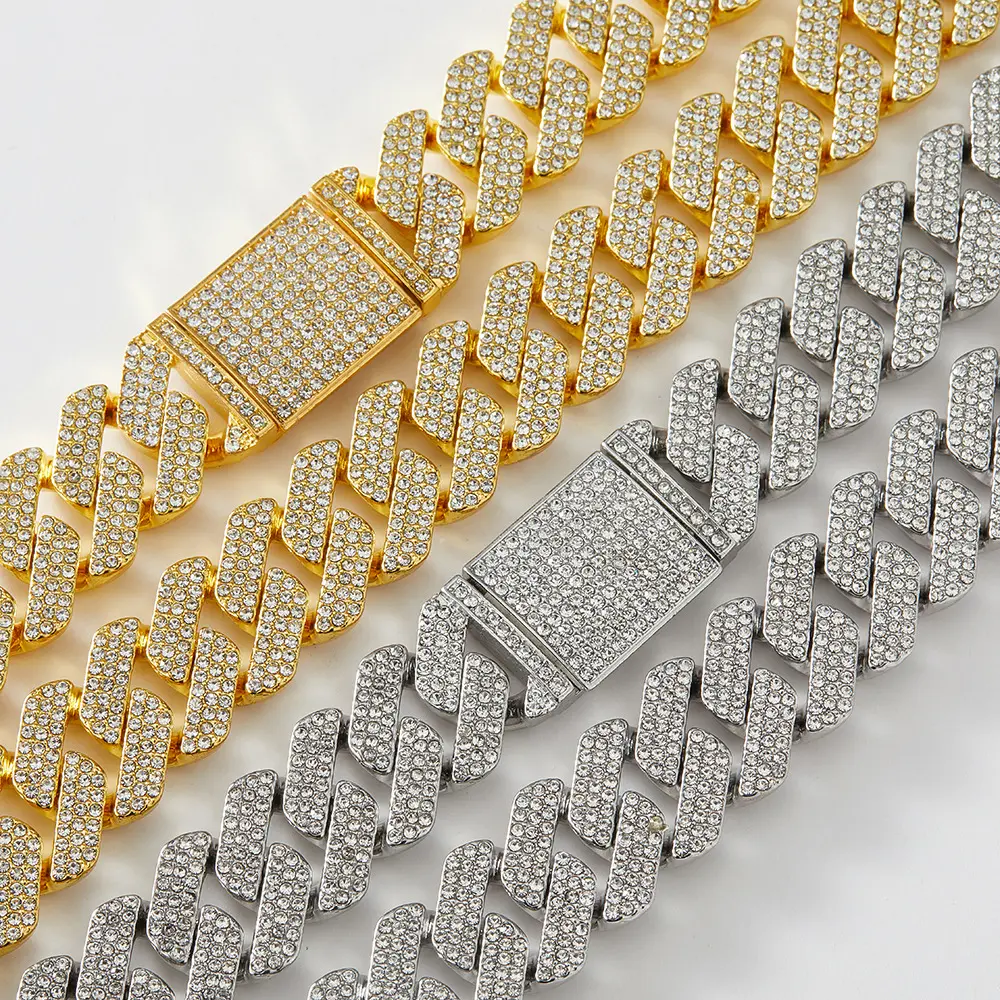 Fancy Link Chain Gold Tone Necklace, 20MM Cuban Geometric 3-Row Rhombus Design for Men and Women, Cuban Chain, Alloy, 3-Row Diamond Rhombus, Chain & Link