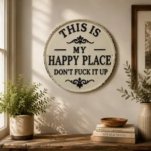 Funny Farmhouse Metal Sign – This Is My Happy Place Tin Wall Decor for Kitchen, Patio, Bar & Home | 8x8 Inch