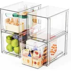 4 Pack Large Stackable Storage Drawers,Clear  Drawer Organizers and  Bottle Organizer for Countertop,Cabinet,Bathroom,Pantry,Office Closet Organizers and Brightroom Storage Bins