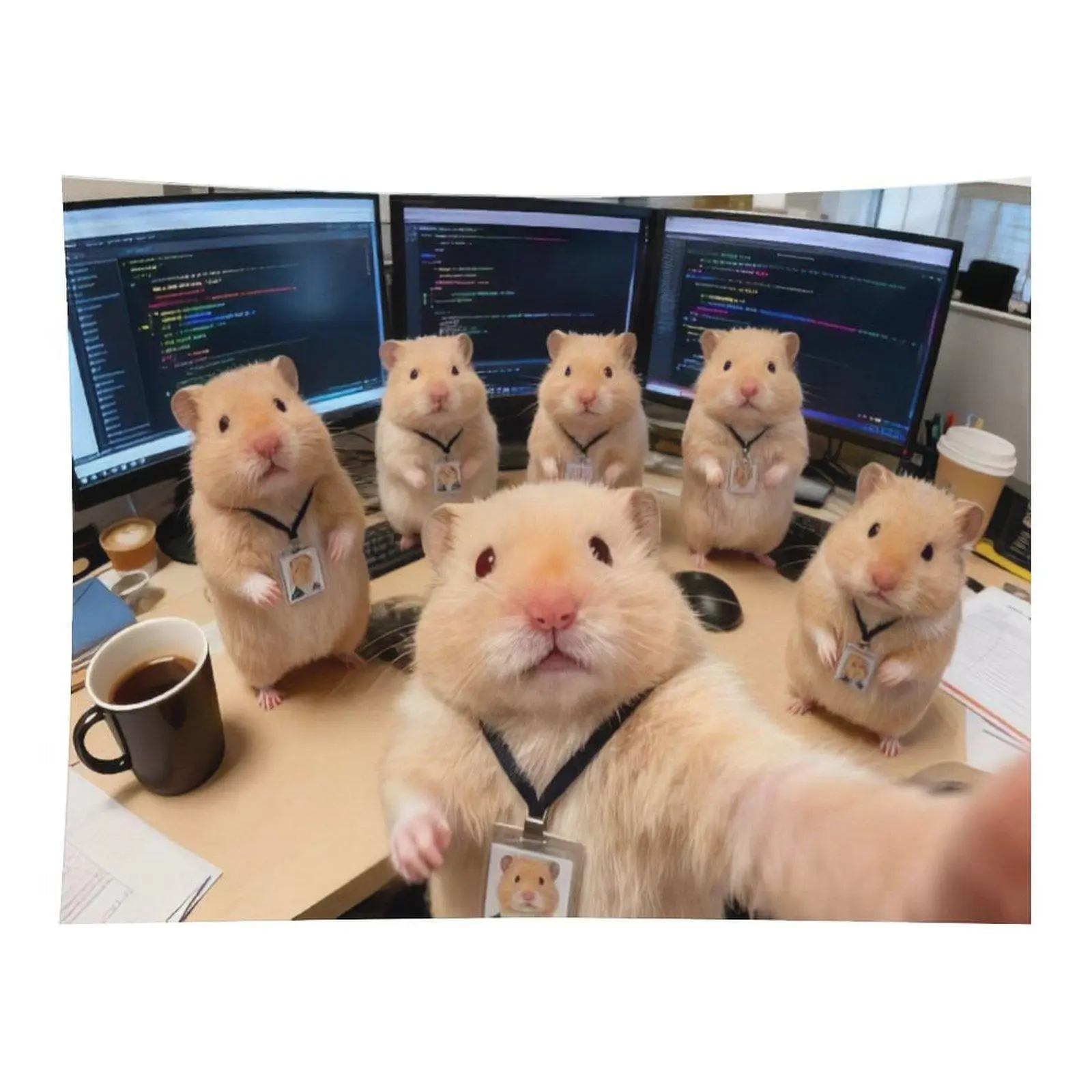 Office Coding Staff Hamster Selfie Wall Tapestry Wall Hanging, Cute Golden Syrian Hamster With ID Badge Computer Desk Meme Decor for Office Bedroom Dorm Workspace Backdrop
