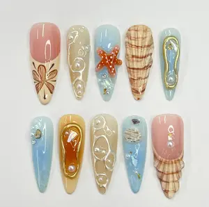3D Seashell With Starfish Long Stiletto Press On Nails, Fake/False Nail, Unique Design Nail for Summer Holiday Vacation Event Birthdays Or Gift for Her