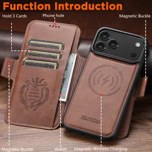 Vintage Brown & Blue PU Leather Flip Protective Casing for iPhone 15/16/17, Magnetic Closure Wallet Cellphone Case with Card Slots, Cash Pocket & Camera Protection, Wireless Charging Compatible - Mobile Phone Accessories
